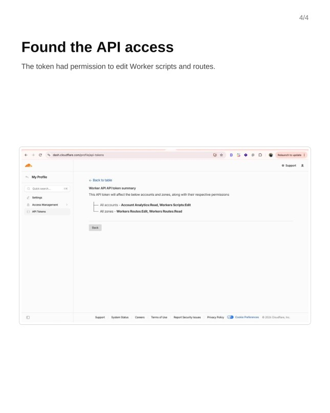 Cloudflare API token summary showing Workers Scripts edit and Workers Routes edit permissions
